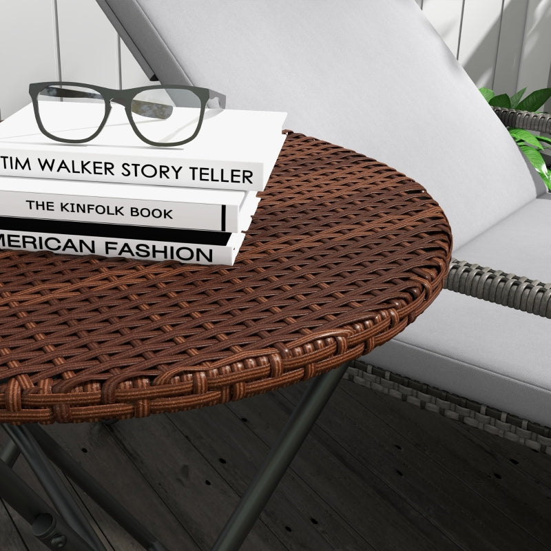 Foldable Rattan Outdoor Coffee Table - Metal Frame, Round Side Table, Mixed Brown