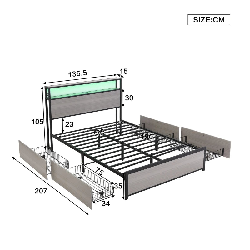 Metal Double Bed with LED Light Strip, 4 Drawers & 3 USB Ports - Stylish Gray Bedroom Furniture, 207x135.5x105 cm