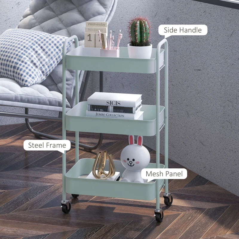 Light Blue Three-Tier Steel Storage Trolley - Durable, Stylish Organizer for Home, Office, Kitchen & Garage