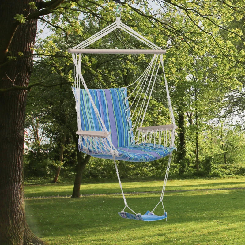 Blue Hanging Rope Hammock Chair with Padded Seat & Backrest