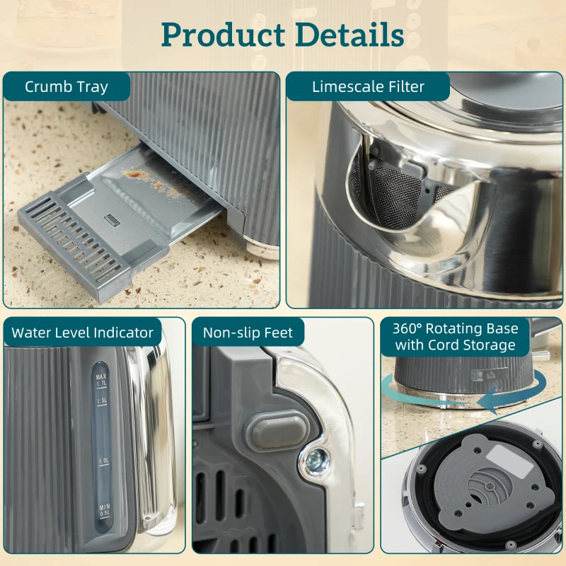 Electric Stainless Steel Kettle & Toaster Set - 3000W Fast Boil 1.7L Kettle with Strix Thermostat & 4 Slice Toaster, Grey