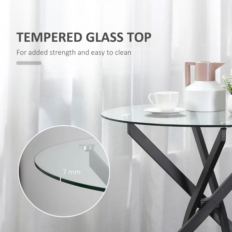 Modern Round Dining Table with Clear Tempered Glass Top & Metal Legs - Stylish Kitchen & Living Room Furniture, Black
