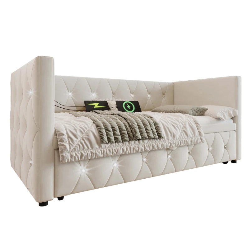 3 Seater Futon Bed with Fast Charging Ports and Removable Trundle for Overnight Guests Beige