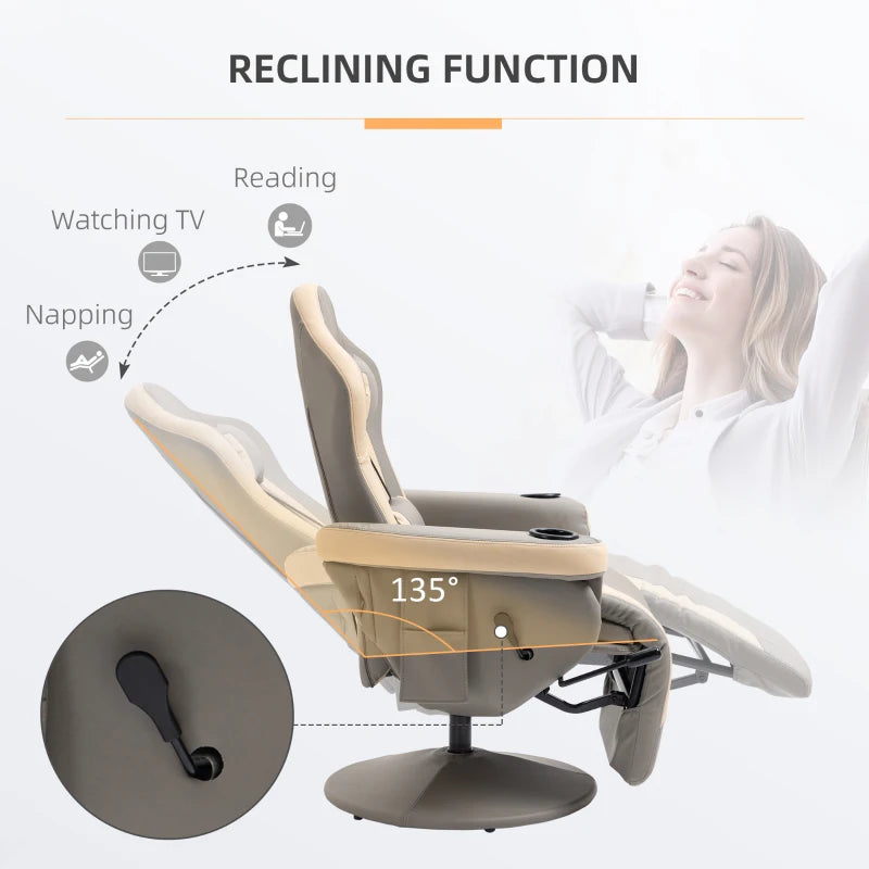 Grey PU Leather Manual Recliner Armchair with Adjustable Leg Rest and 360° Swivel Function