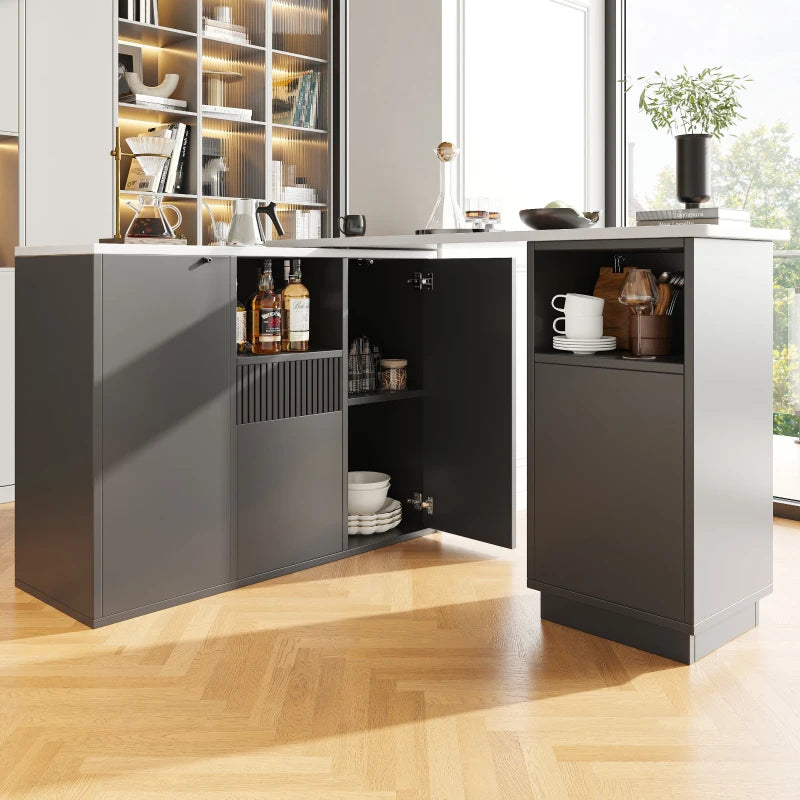 360° Swiveling Kitchen Island with Marble Top & Storage - Stylish Bar Table for Kitchen & Living Room, Black, 198.5L x 30W x 72.5H cm