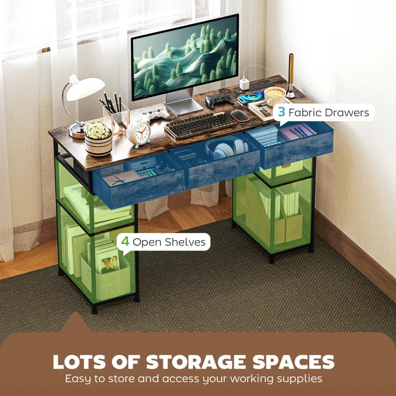 Rustic 120cm Computer Desk with Power Outlets, Fabric Drawers & Storage Shelves - Stylish Office Study Table in Brown