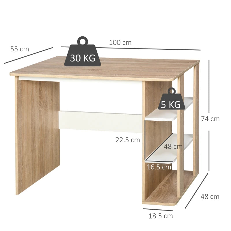 Modern Oak & White Computer Desk with 3-Tier Storage Shelf - Stylish Writing Desk for Home Office & Study