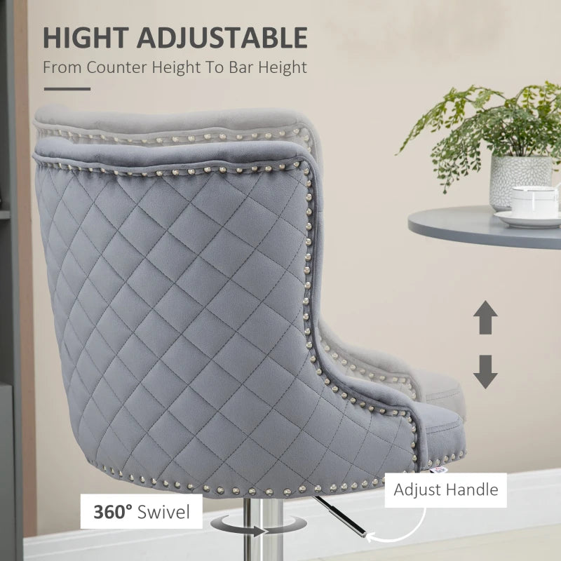 Modern Velvet Bar Stools Set of 2 - Adjustable Swivel Design with Button Tufted Back & Nailhead Trim, Grey