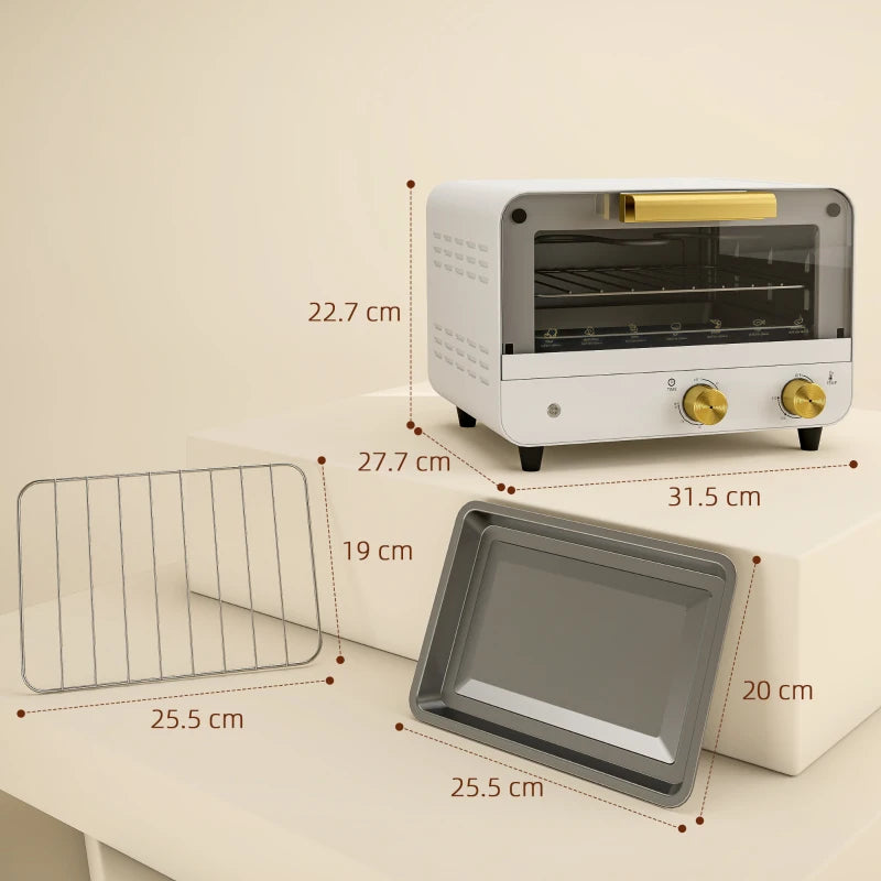 Compact 12L Toaster Oven - Multifunction Mini Countertop Oven with Glass Door, Adjustable Temperature & Timer, Stylish White Design