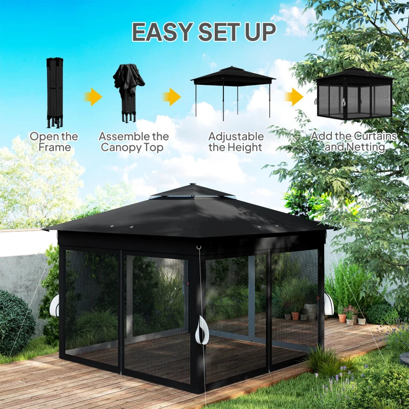 3m x 3m Black Pop Up Gazebo Party Tent with Solar-Powered LED Lights and Adjustable Netting
