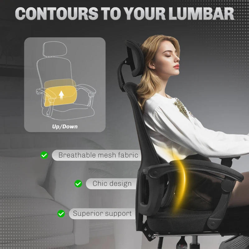 Ergonomic Mesh Office Chair with Adjustable Lumbar Support, Headrest & Footrest - Reclining Executive Swivel Desk Chair in Black