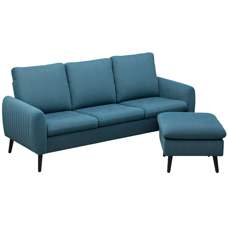 L-shaped 3 Seater Corduroy Sofa with Ottoman and Reversible Chaise for Small Living Rooms, Blue
