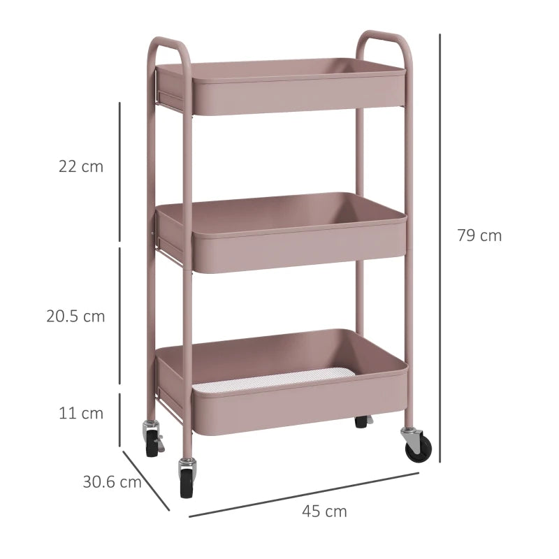 Three Tier Pink Steel Storage Trolley for Kitchen and Home Organization
