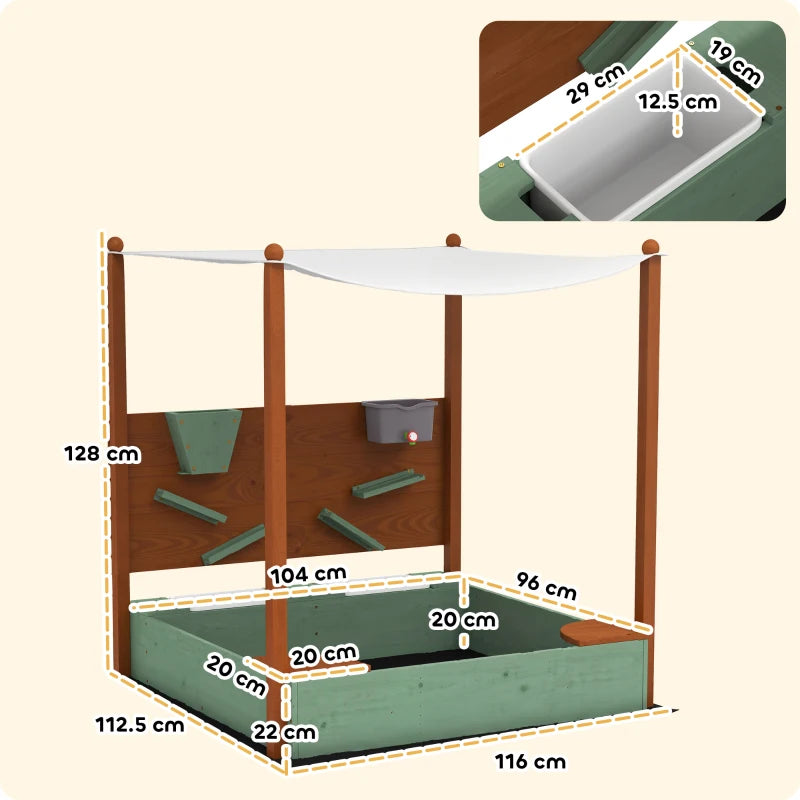 Wooden Sandpit with Canopy and Storage Bins for Kids Outdoor Play 116x112.5x128 cm Green