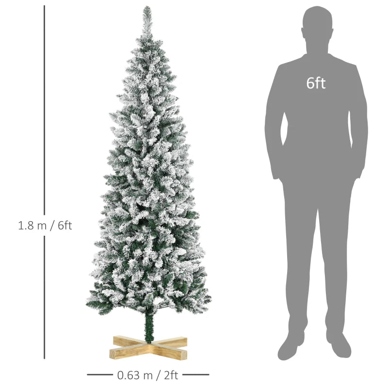 6 Ft Snow Flocked Artificial Christmas Tree - Realistic Pencil Tree with Auto Open & Pinewood Base - Green Xmas Decor
