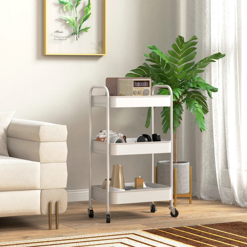 Three-Tier White Steel Storage Trolley - Versatile Rolling Cart for Kitchen, Office, and Home Organization