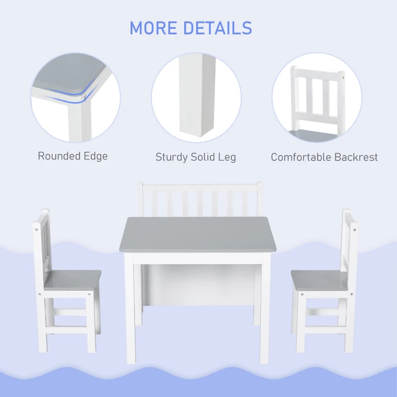 4-Piece Kids Table & Chair Set - 2 Wooden Chairs, Storage Bench, Modern Design, Grey/White - Perfect for Playrooms