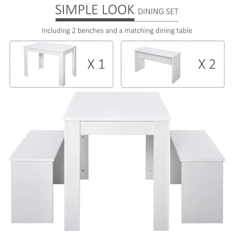 Compact White Kitchen Dining Table Set with 2 Benches - Space-Saving Table and Chairs for Small Areas