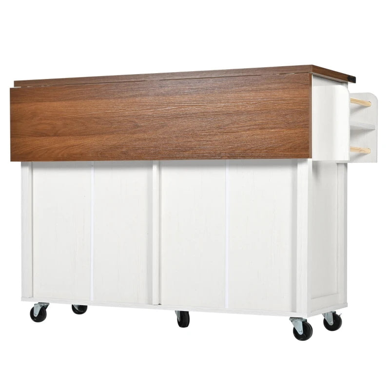 Farmhouse Style Kitchen Island Trolley - Adjustable Shelf, Cabinets & Drawers, Modern Rolling Storage Cabinet, White, 140x73x90.5 cm