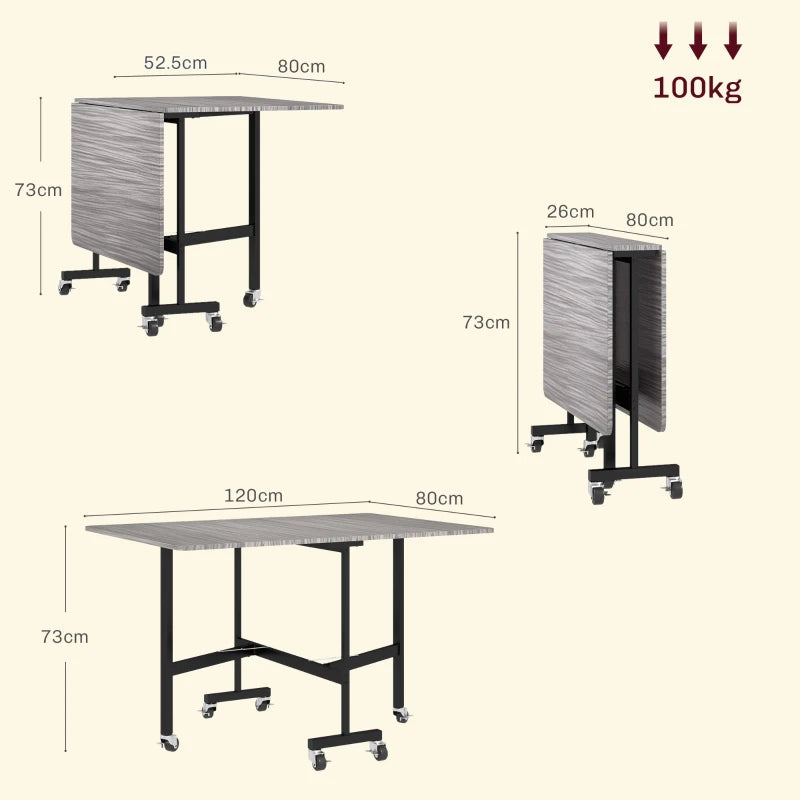 Unique Six-Seater Drop-Leaf Dining Table on Wheels - Stylish Grey Wood-Effect for Modern Homes
