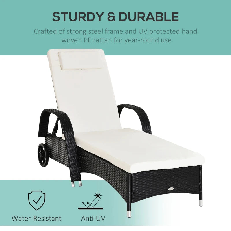 Black Rattan Sun Lounger with Adjustable Headrest and Cushion