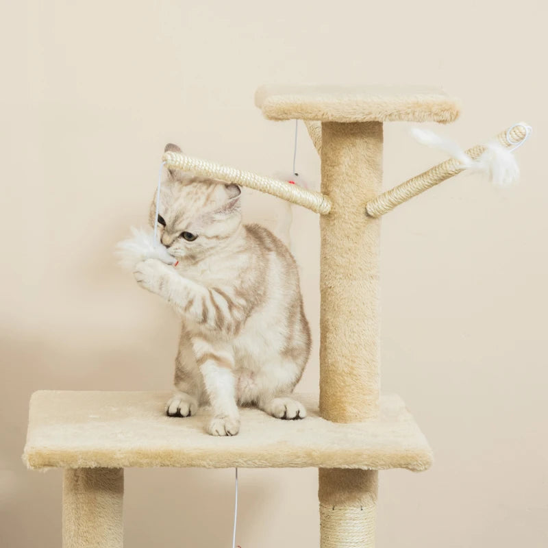 Beige Multi-Level Cat Tree with Scratching Post, Ladder & Cozy Cat House - Perfect for Play & Relaxation