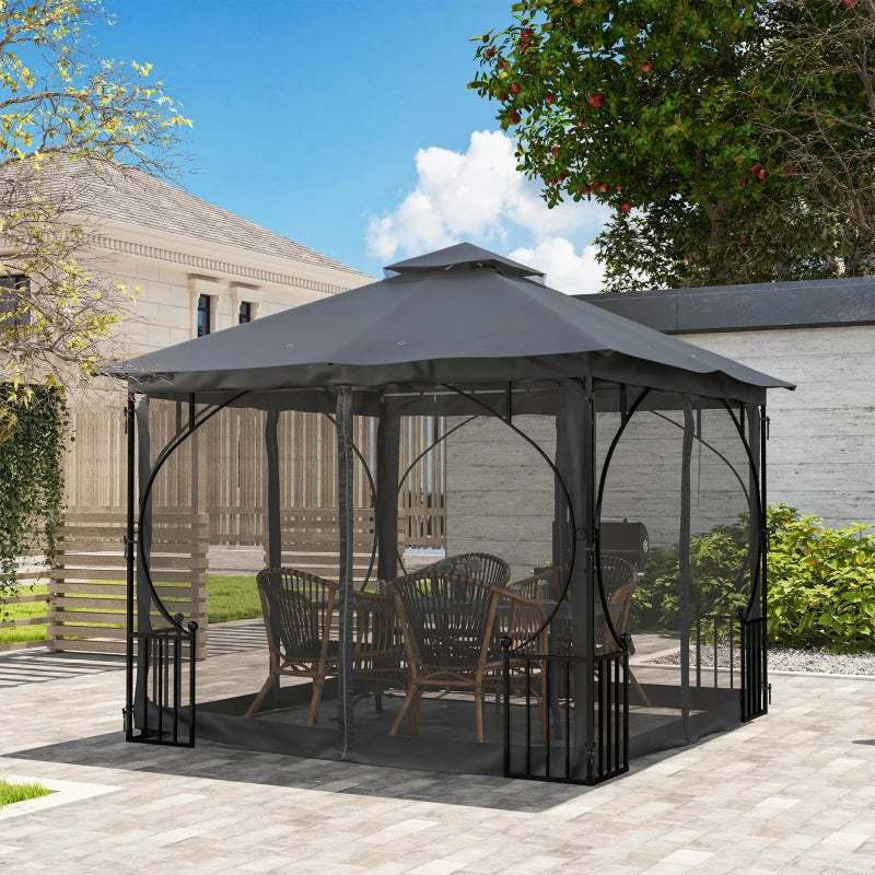 3m x 3m Dark Grey Garden Gazebo - Patio Party Tent Shelter with Double Tier Canopy and Metal Frame