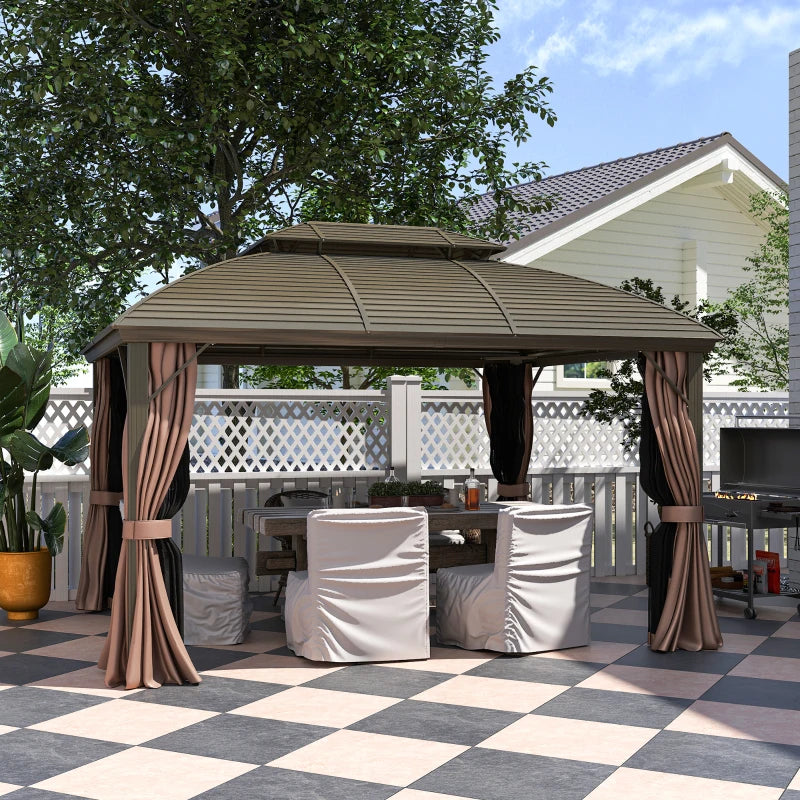3.65m x 3m Hardtop Steel Gazebo Canopy - Aluminium Frame, Double Roof, Net Sidewalls & Curtains in Coffee
