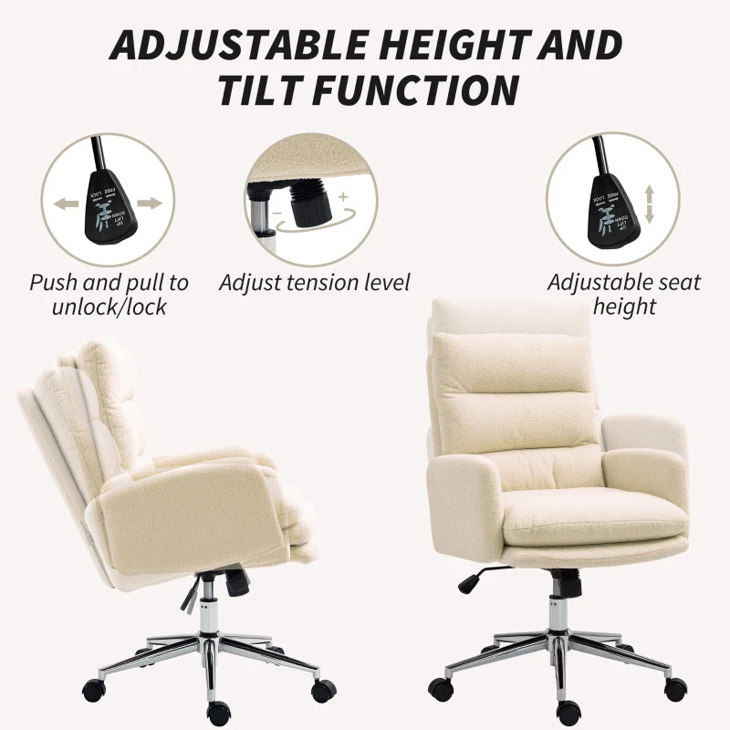Cream White 91-99cm Sherpa Fleece Office Chair - Cozy Ergonomic Design for Home & Office Comfort