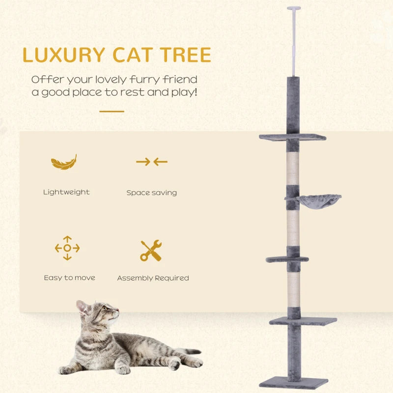 Adjustable 5-Tier Cat Tree 230-260cm - Floor to Ceiling Cat Tower with Scratching Post, Hammock & Perches for Indoor Kittens - Grey