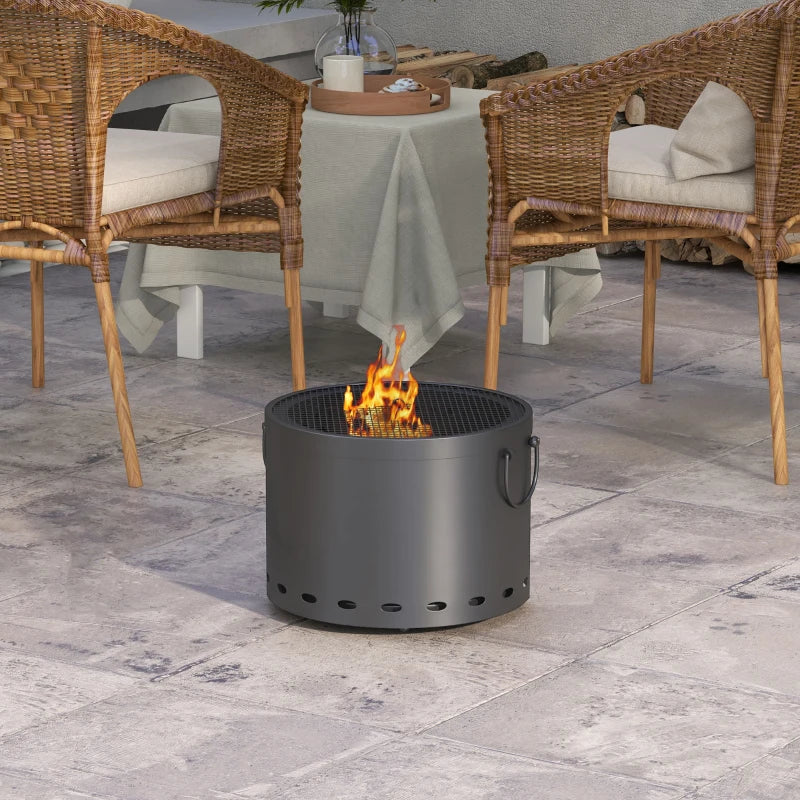 Portable 38cm Dark Grey Smokeless Fire Pit with Spark Screen and Poker - Low Smoke Wood Burning Bonfire Stove for Garden, Patio, and Picnic