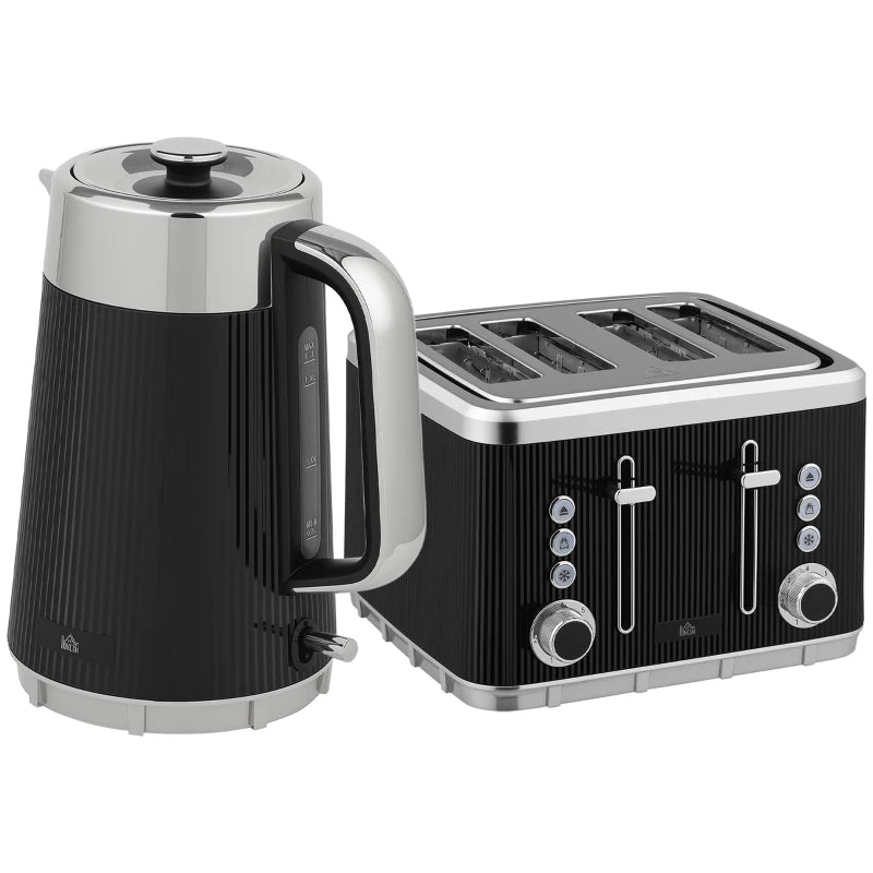 Electric Stainless Steel Kettle & Toaster Set - 3000W Fast Boil 1.7L Kettle with Limescale Filter & 4 Slice Toaster - Black
