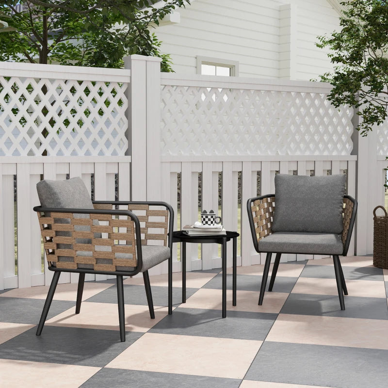 3 Piece Rattan Bistro Set with Cushions and Glass Top Table for Outdoor Patio