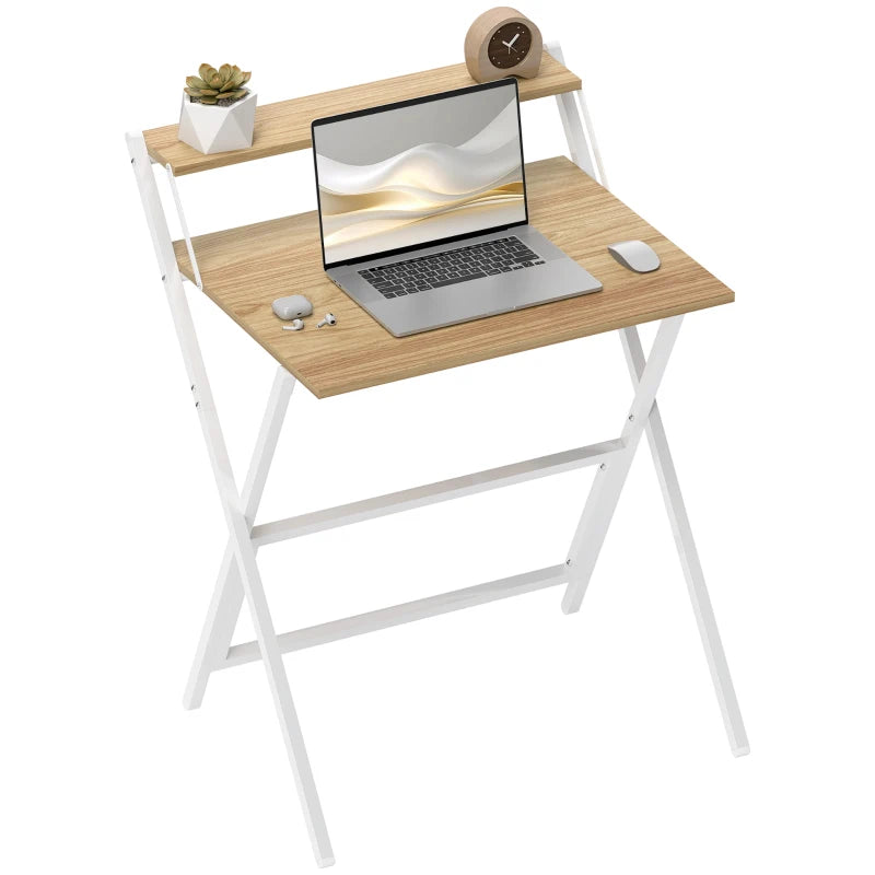 70 cm Folding Computer Desk with Monitor Shelf - Stylish Natural Wood Finish for Home Office & Study