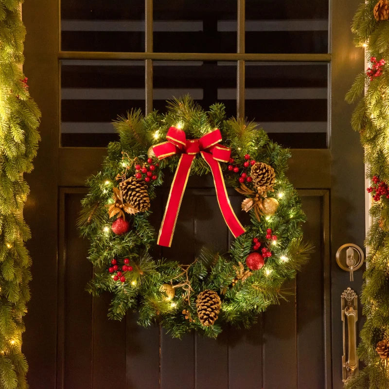 60cm Pre-Lit Artificial Christmas Wreath with Holly, Pine Cones & LED Lights - Glittered Indoor/Outdoor Holiday Decor