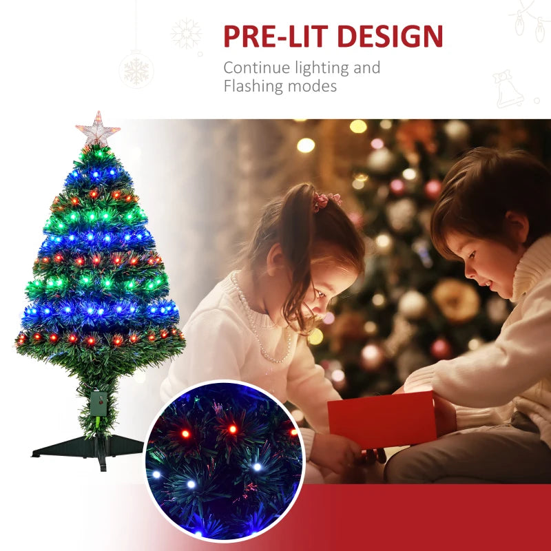 3ft Prelit Artificial Christmas Tree with Multi-Colored Fiber Optic LED Lights - Festive Holiday Home Decoration, Green Xmas Tree