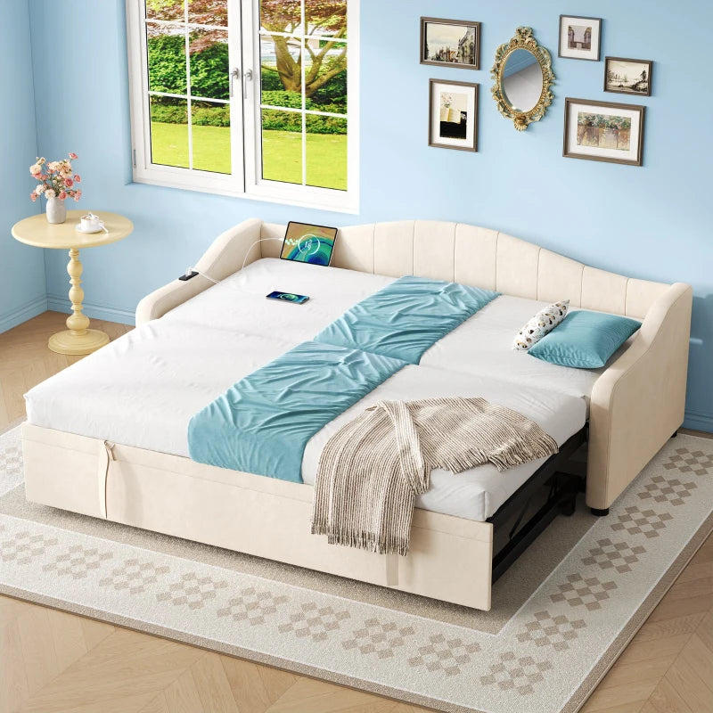 Beige Velvet Upholstered Daybed with USB & Type-C Ports, Convertible Sofa Bed & Pull-Out Trundle, 202x193x78 cm