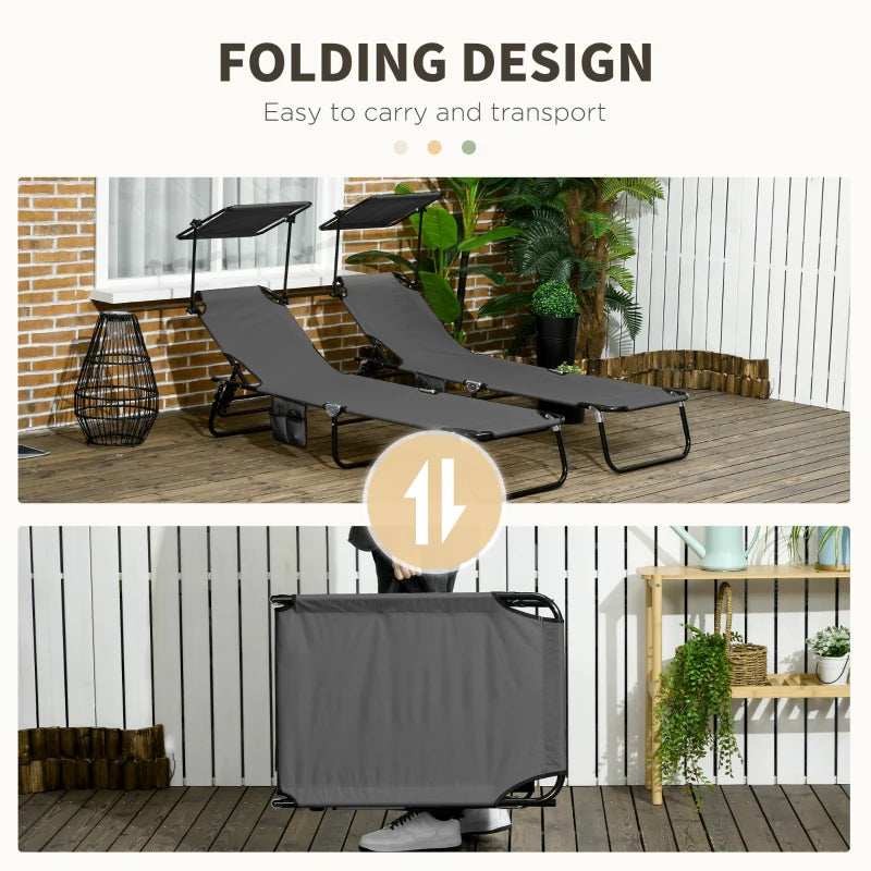 2 Piece Dark Grey Folding Sun Loungers with Canopy - Adjustable Recliner Garden Chairs with Side Pocket, Steel Frame and Breathable Mesh for Outdoor, Pool, Beach, Garden