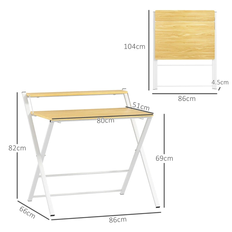 Compact Folding Desk for Small Spaces - Foldable Computer Desk with Storage Shelf, 2-Tier Writing Table, Maple Wood-effect, 86x66x82 cm