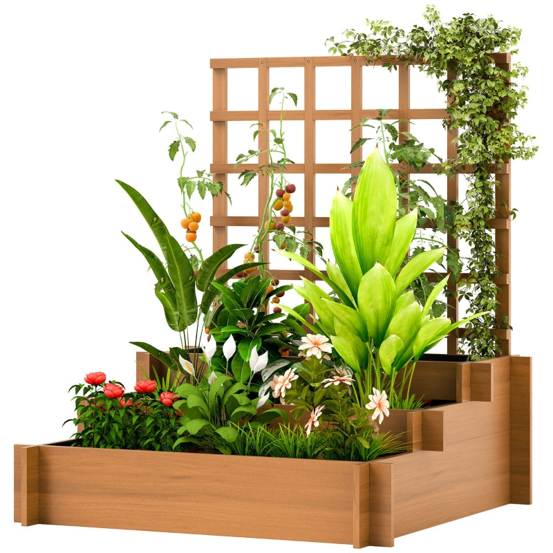 3 Tier Wooden Garden Planters with Trellis for Climbing Vines, Brown, 95x95x110cm