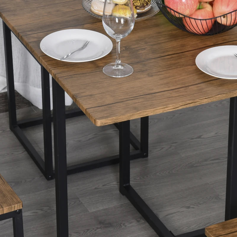 5-Piece Industrial Dining Table & Chairs Set - Space-Saving Metal Frame Square Kitchen Table & Stools - Brown Finish