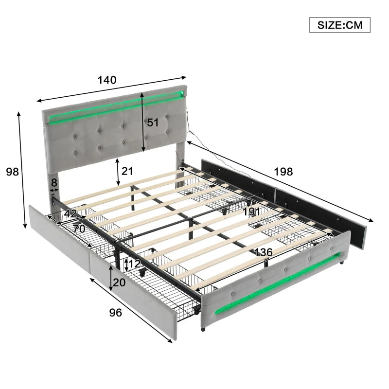 Velvet Upholstered Double Bed with Storage & LED Lights - Soft Backrest, 4 Drawers, Gray - 198x140x98 cm