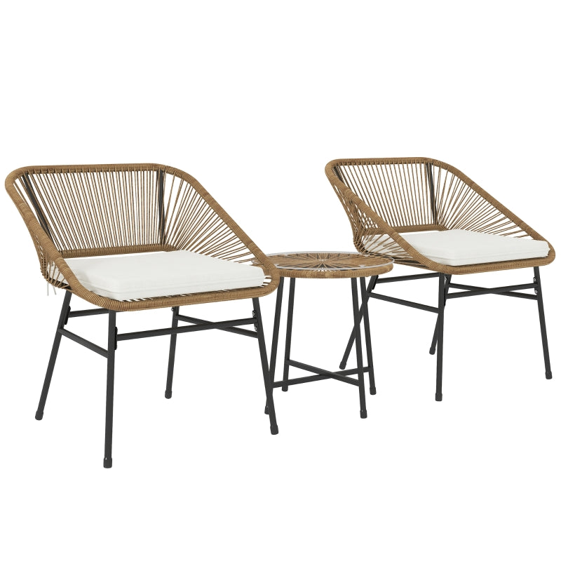 3 Pieces Rattan Bistro Set - Small Garden Table and Chairs with Cushions, Glass Top Coffee Table - Natural Wicker Outdoor Furniture for Patio and Balcony