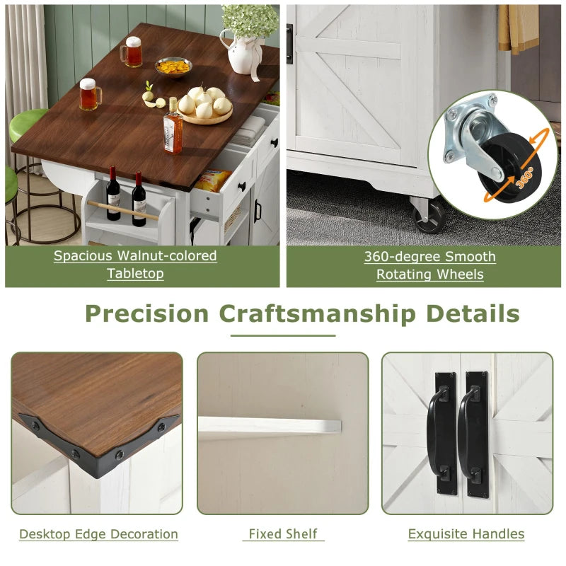 Elegant White Kitchen Island with Extendable Worktop, Smooth Wheels, Ample Storage & Foldable Cabinet - 140x45x94 cm