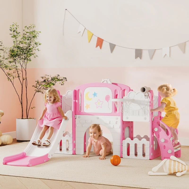 7 in 1 Toddler Slide Set with Basketball Hoop Climbing Frame Telescope Drawing Board Storage Box Pink