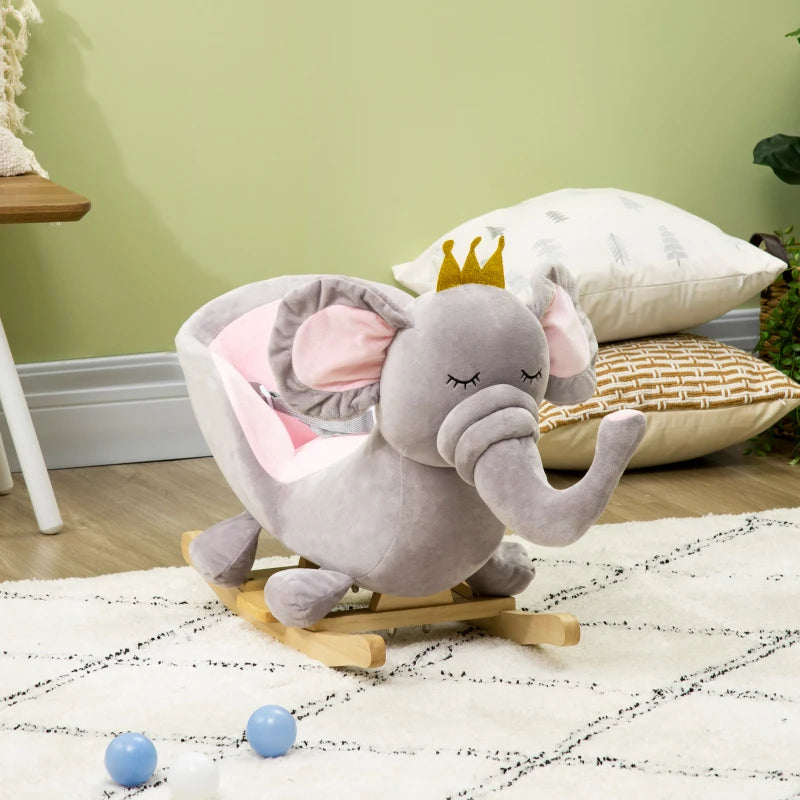 Kids Elephant Rocking Horse with Safety Belt - Wooden Base, Grey - Perfect for Ages 18-36 Months