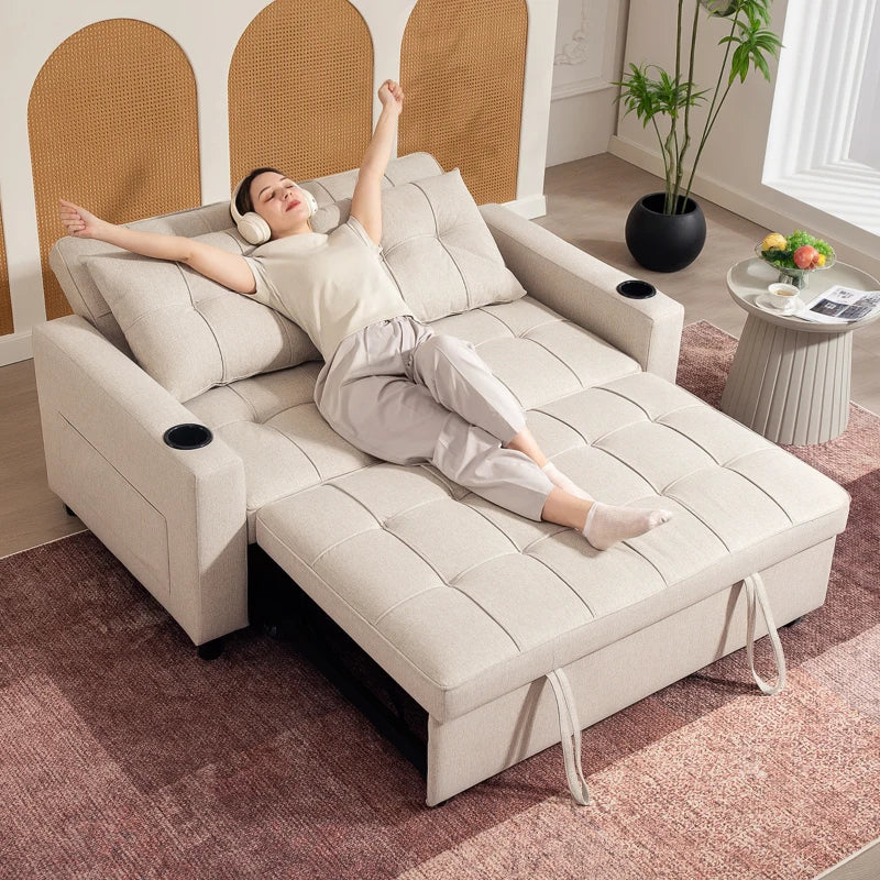 Beige Two-Seater Pull-Out Sofa Bed for Small Spaces