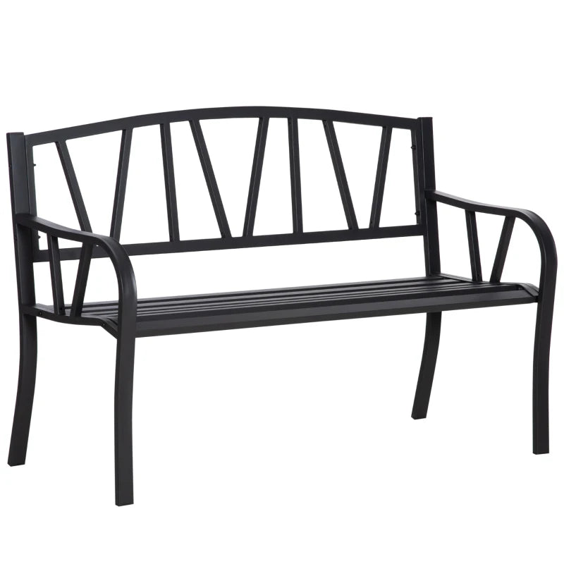Metal Garden Loveseat Bench - 2-Seater, Decorative Backrest, Ergonomic Armrest - Black