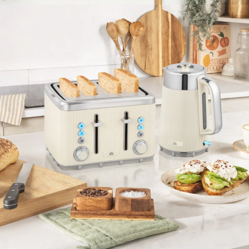 Electric Stainless Steel Kettle & Toaster Set - 3000W Fast Boil, 1.7L, UK Strix Thermostat, 4 Slice, Cream Finish