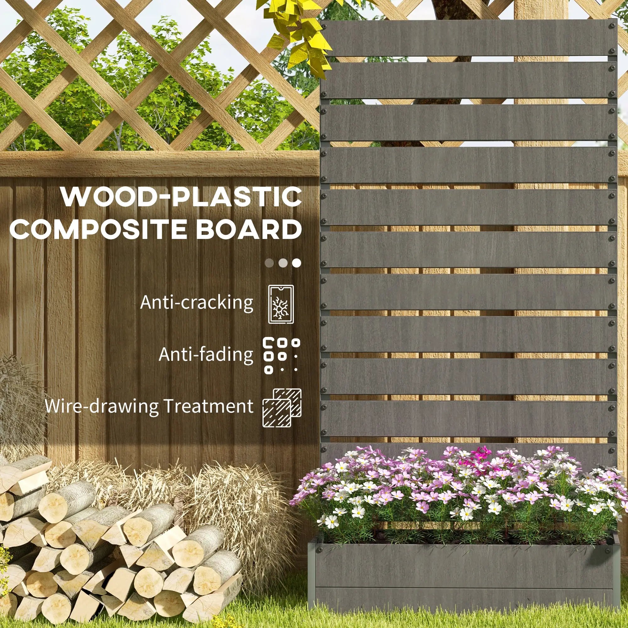 Dark Grey Composite Raised Bed for Gardening - Planter with Trellis for Climbing Plants, Vines - With Drainage